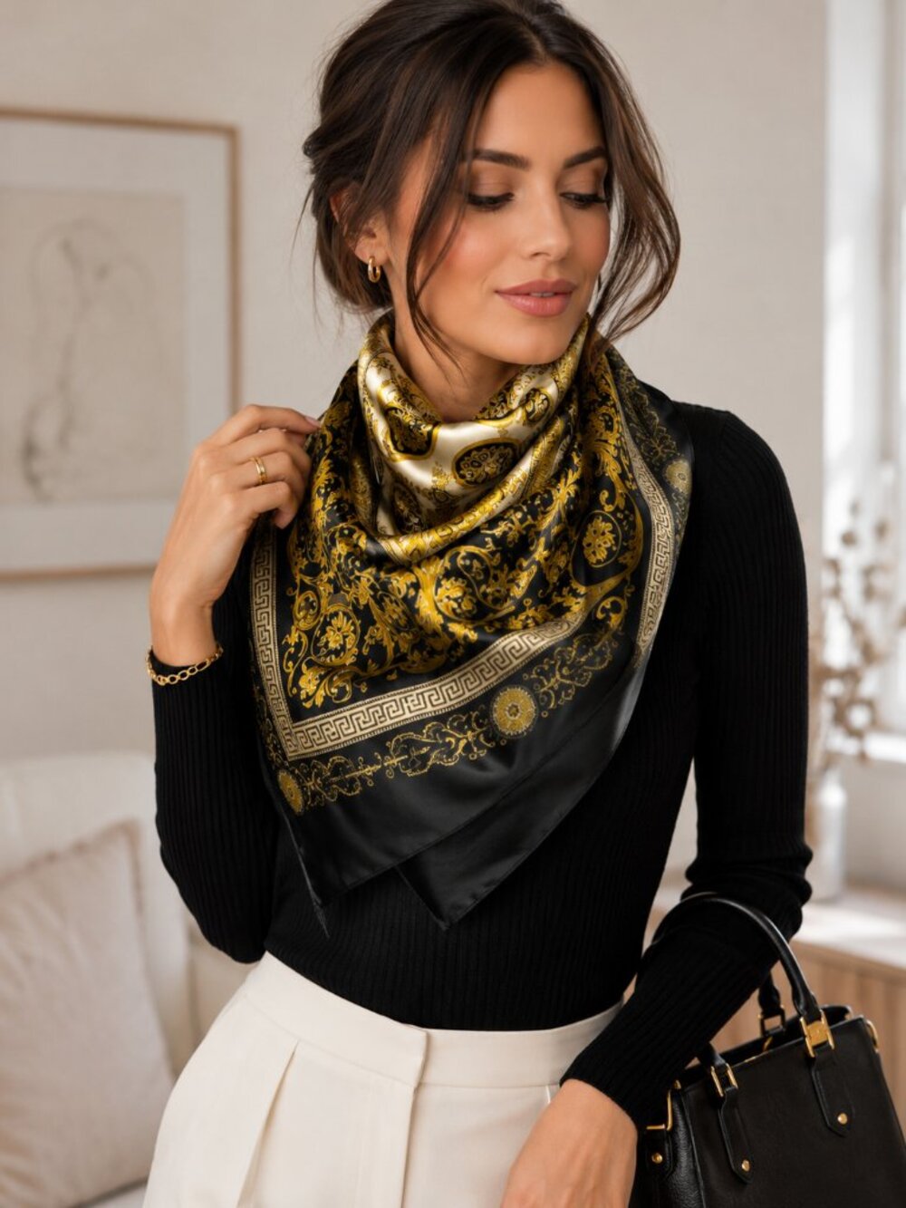 Luxury Baroque Satin Silk Feel Square Scarf Black Gold Ornate Wrap Shawl Chic